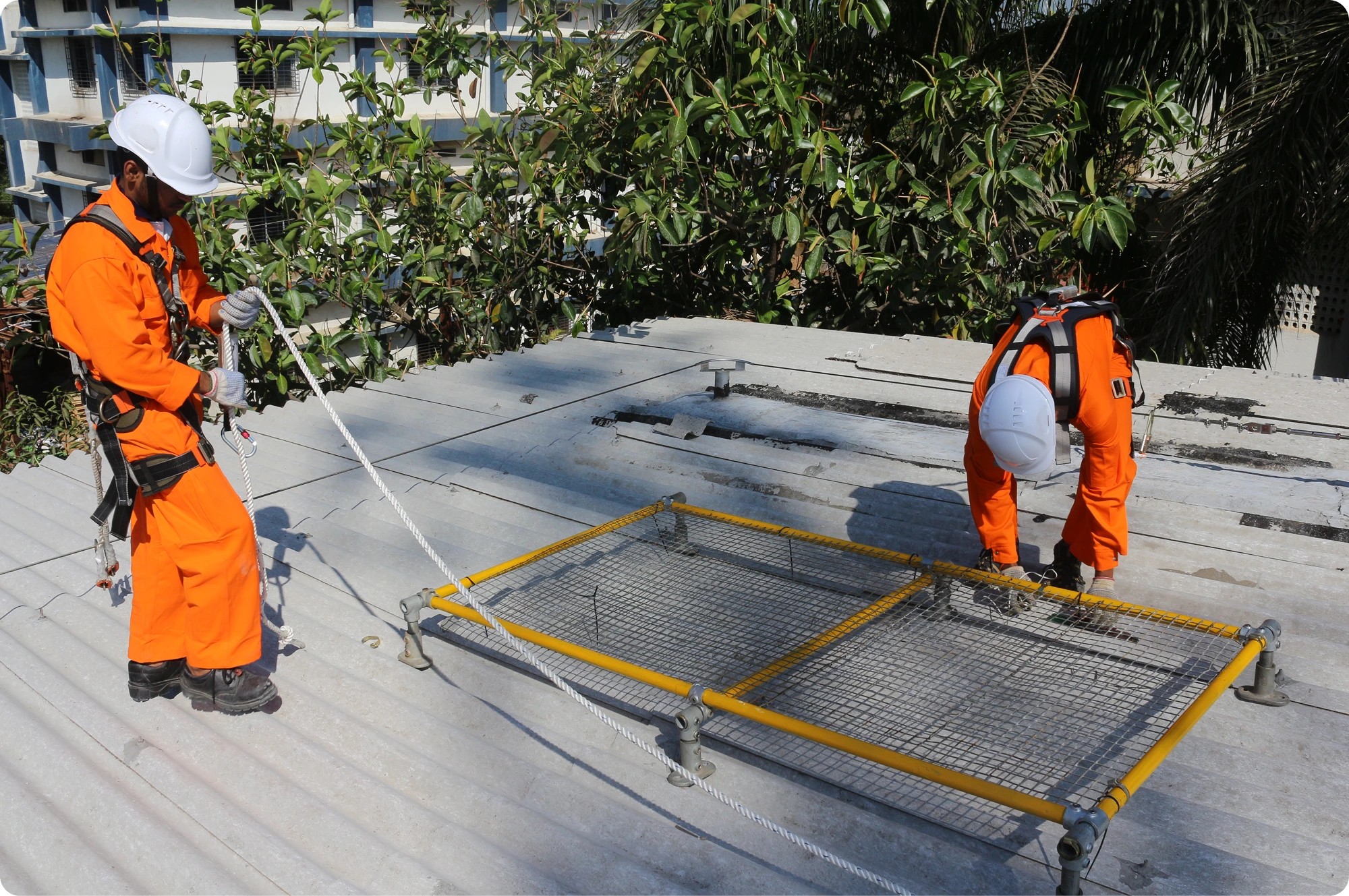 Workers installing Lifegear Skylight Protector on industrial roof